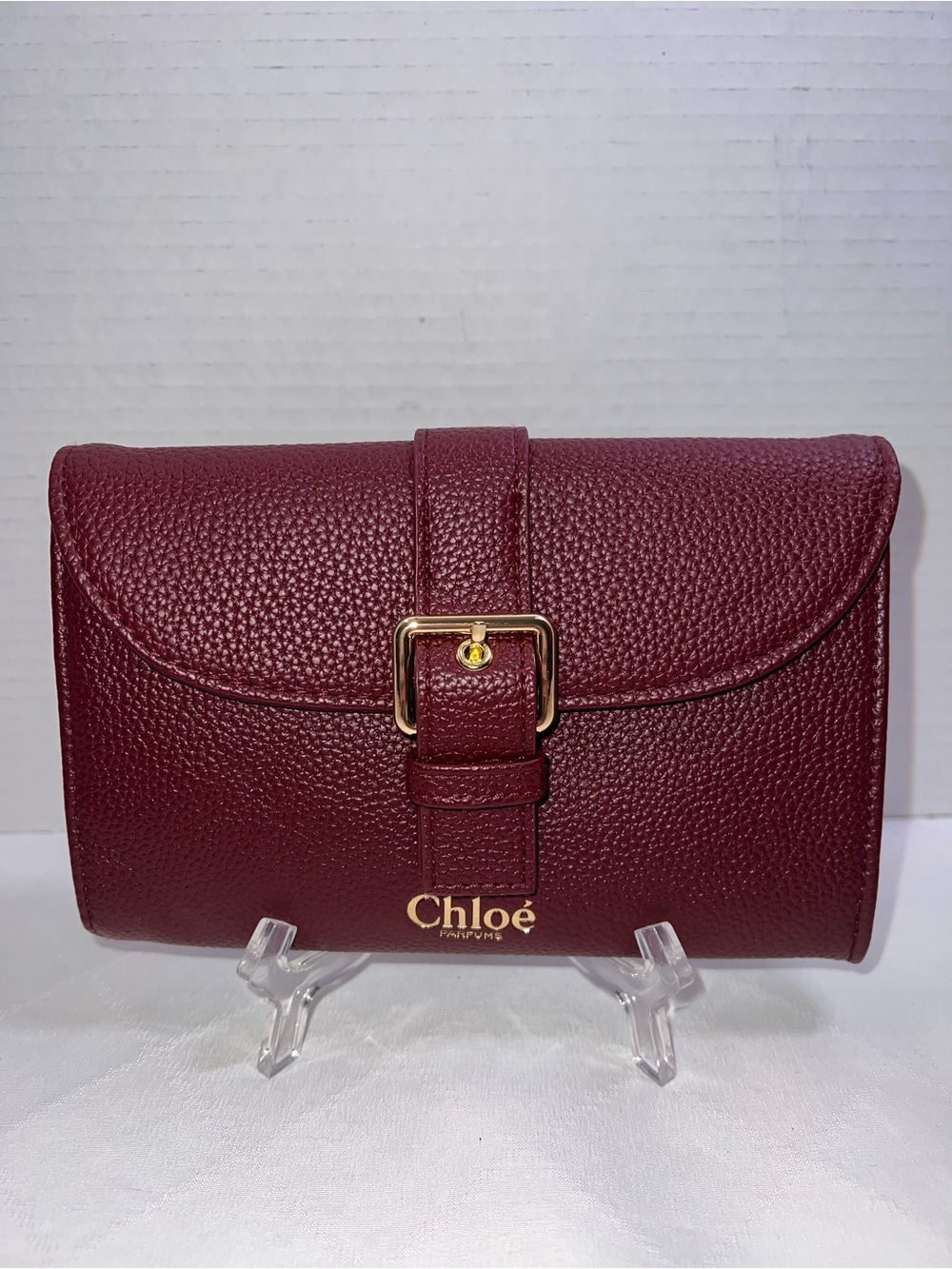 Chloe Parfums Burgundy Red Cosmetic Bag Wallet Clutch with Gold Buckle New